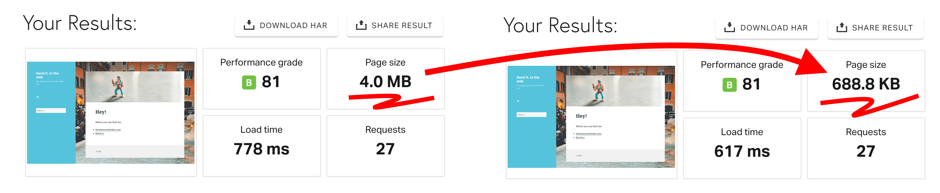 page size comparison before and after you optimize images